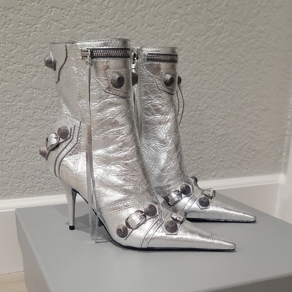 Balenciaga Studded 90mm Metallic Silver Leather Booties, Size 37
